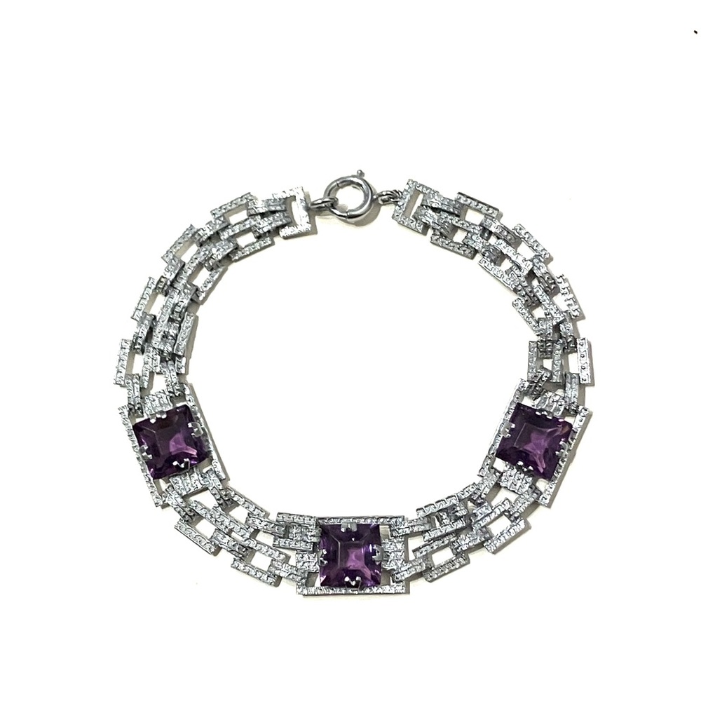 Art Deco Silver Tone Amethyst Bracelet
